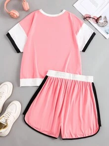 INAWLY Conjunto de ropa sencilla de diario para mujer de talla grande con blusa de manga corta y pantalones cortos de color bloqueado - Multicolor - Ver 2