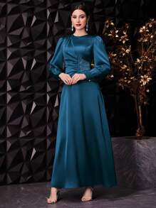 Veilorie Ladies' Solid Color Simple Daily Long Sleeve Dress Long Evening Dresses - Teal Blue - View 6