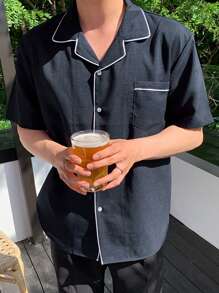 DAZY Men's Summer Short Sleeve Casual Shirt With Contrast Collar And Hem - Blue - View 4