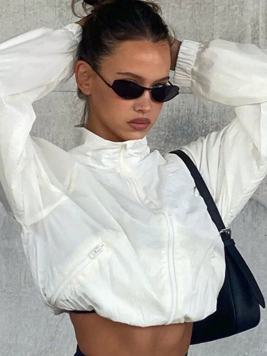 SHEIN EZwear 秋冬女士白色防晒拉链夹克 - 白色 - 查看 1
