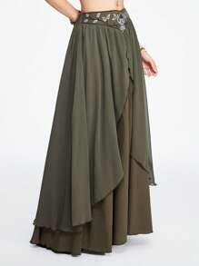 ROMWE Fairycore Renaissance Contrast Embroidery Colorblock Long Skirt For Spring & Summer - Army Green - View 2