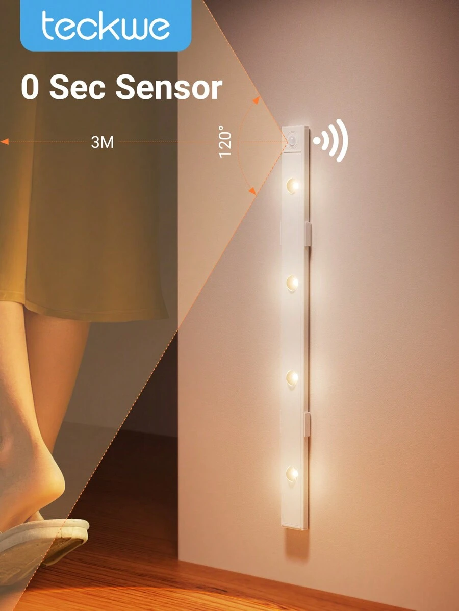 Teckwe LED Cabinet Light Strip With Motion Sensor,Rechargeable Ultra-Thin Body Induction 3 Color Intelligent Light For Kitchen Counter,Bedroom,Wardrobe Home Decor No Installation Required,Paste To Use