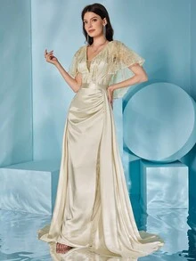 Lace Floral Patterned Sleeves, Sequined Satin Dress - Apricot - View 5