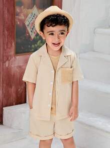 SHEIN Young Boys' Plain & Simple Daily Short Sleeve T-Shirt And Shorts 2pcs/Set - Khaki - View 4