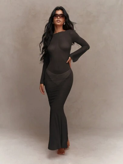 MISSGUIDED Sheer Backless Long Flared Sleeves Flared Hem Bodycon Maxi Dress MISSGUIDED
