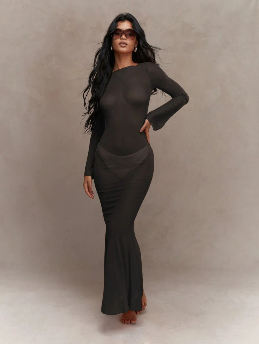 MISSGUIDED Sheer Backless Long Flared Sleeves Flared Hem Bodycon Maxi Dress MISSGUIDED