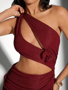 Hauture One Shoulder Bow Draped Wrap Dress - Burgundy - View 2
