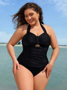 Swim Vcay Plus Size Women Solid Color Draped Halter Monokini Swimsuit For Summer Beach Vacation - Black - View 5