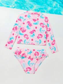 Young Girl Cartoon Printed Tankini Set Summer Beach - Pink - View 4