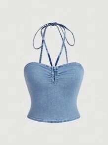 SHEIN MOD 女士深V領丹寧短上衣，藍色，彈性布料 - 中等水洗藍 - 查看 1