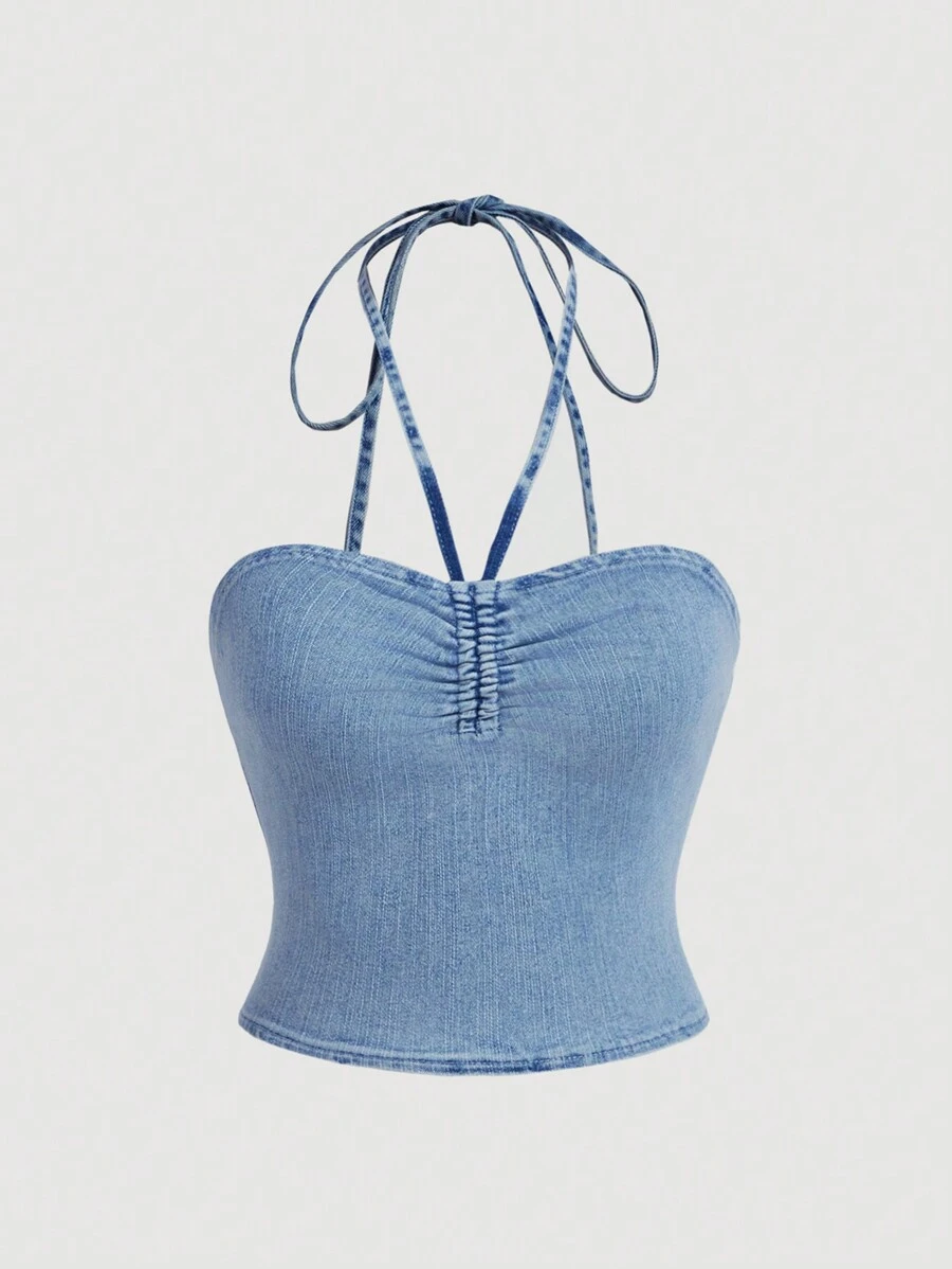 SHEIN MOD 女士深V領丹寧短上衣，藍色，彈性布料 - 中等水洗藍 - 查看 1