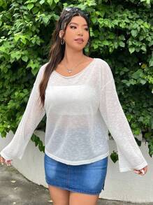 SHEIN EZwear Plus Size Women's Early Autumn Comfortable Bamboo Knit Sheer Breathable Sweater