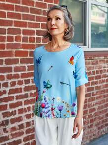 SHEIN LUNE 女款夏季蝴蝶印花圓領翻邊短袖寬鬆休閒衫 - 藍色 - 查看 5