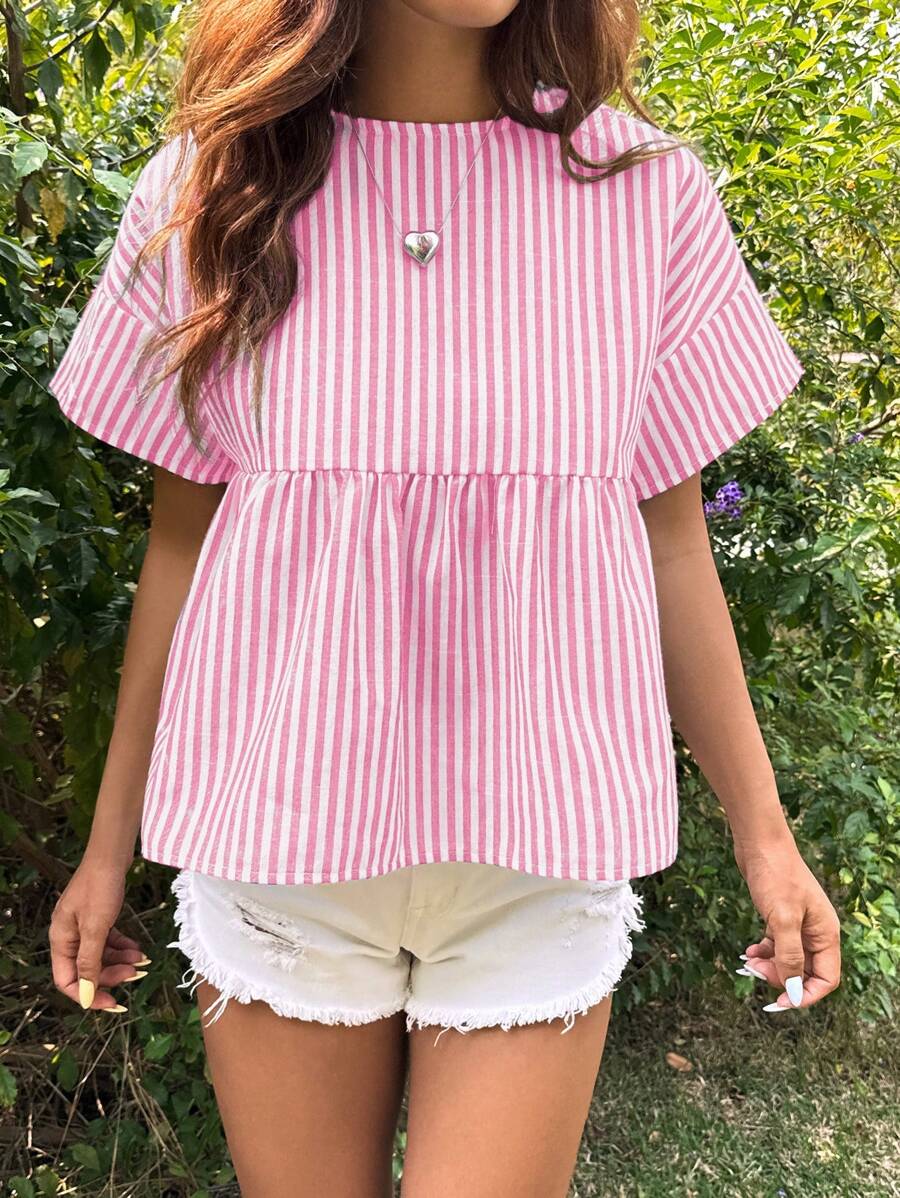 SHEIN EZwear Loose Weave Pink Striped Shirt For Summer - Pink - View 1