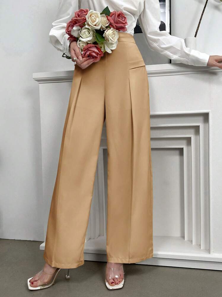 Modelyn Women's Solid Color Wide Leg Loose Pleated Daily Commute Long Pants - Camel - View 5