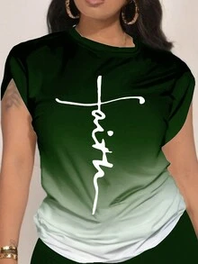 Maweii Conjunto de camiseta gráfica de manga corta con degradado de letras y shorts de verano en talla grande - Verde Oscuro - Ver 4