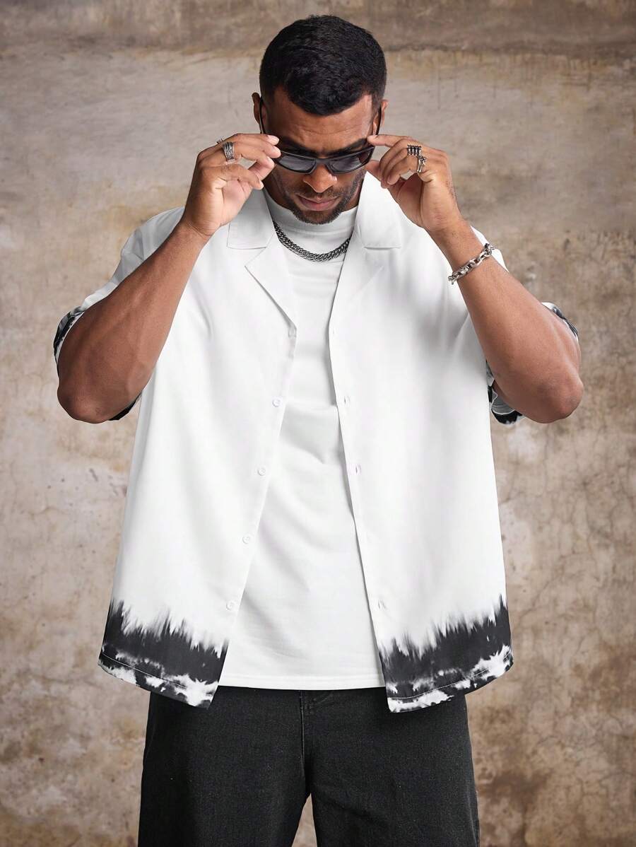 Manfinity LEGND Men's Plus Size Tie-Dye Printed Front Button Short Sleeve Button Up Shirt, Summer - Black and White - View 1