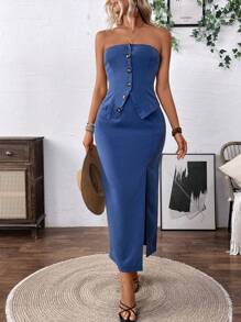 SHEIN Clasi Women's Solid Color Buttoned Bustier Top And Thigh Split Skirt, Summer Sexy 2pcs Set - Blue - View 3