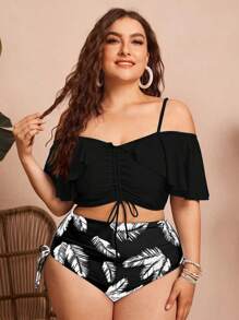 Swim Lushoire Plus Size Summer Beach Solid Color Spaghetti Straps Drawstring Top And Allover Print Triangle Bikini Bottom Set
