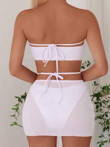 Swim Vcay Women's Summer Beach Solid Color 3-Piece Bikini Set With 3D Flower Decoration - White - View 2