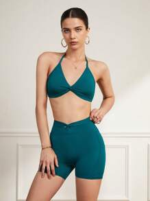 Easithlete Bộ thể thao dây buộc phía trước và quần short hở lưng - Màu xanh lam - Xem 6