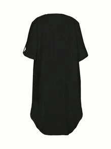 Calvaya Plus Button Front Roll Up Sleeve Dress For Summer - Black - View 8
