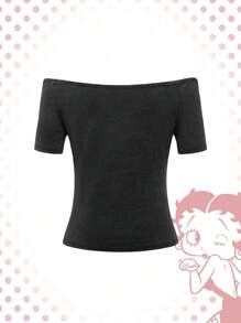 Betty Boop | ROMWE Plus Size Cartoon Characters And Heart Printed Slim Fit Off Shoulder T-Shirt, Summer, School - Black - View 2