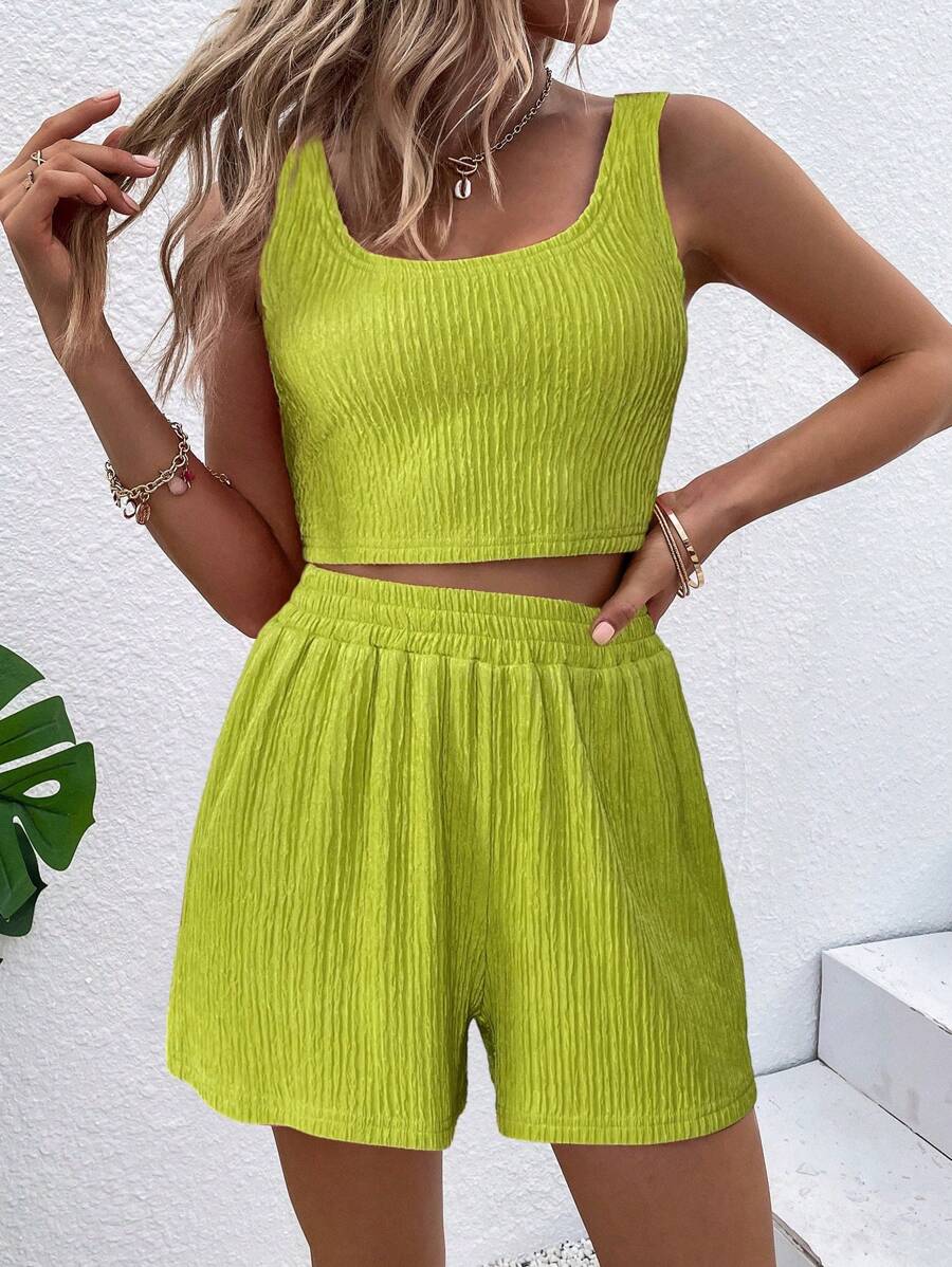 Chiquease 女士純色簡約日常背心和短褲套裝 - 青檸色 - 查看 1