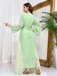 Váy dự tiệc Ả Rập dài tay bằng vải tuyn đính đá màu xanh lá cây cho nữ, váy Abaya sang trọng, váy kín đáo - màu xanh lá - Xem 2