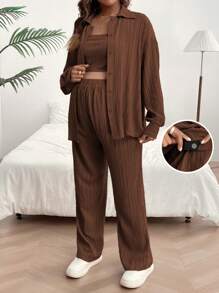 SHEIN Maternity Solid Long Sleeve Top & Pants & Drop Shoulder Shirt For Spring & Summer - Coffee Brown - View 1