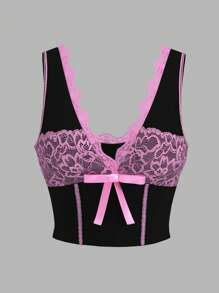SHEIN ICON Color Block Floral Lace Bow Decorated Tank Top
