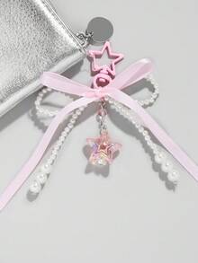 ROMWE Kawaii 1 chiếc nơ ngọc trai đính hạt thủ công đơn giản và dễ thương theo phong cách ngọt ngào thứ hai với ruy băng màu hồng, ngôi sao màu hồng, móc khóa mặt dây chuyền ngôi sao pha lê nhiều màu cho phụ nữ hoặc trẻ em gái, hoàn hảo để đeo hàng ngày hoặc làm quà tặng lễ hội Valentine - Hồng - Xem 2