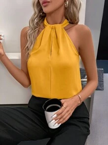 SHEIN Clasi Blusa plisada elegante con cuello en V y abertura con botones para mujer - Amarillo - Ver 8