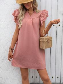 SHEIN LUNE 夏日假期用的 V領波浪邊花邊配飾長版連衣裙 - 粉色 - 查看 4