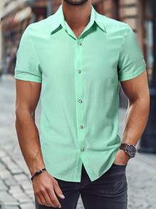 Manfinity Homme Men's Striped Short Sleeve Casual Shirt For Summer Daily Commute - Green - View 4
