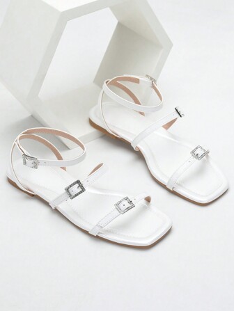 Ladies' Flat Sandals, White Color Block Cross Strap Sandals With Rhinestone Buckle, Low Heel, Perfect For Beach Vacation, Outdoor Activities And Casual Wear