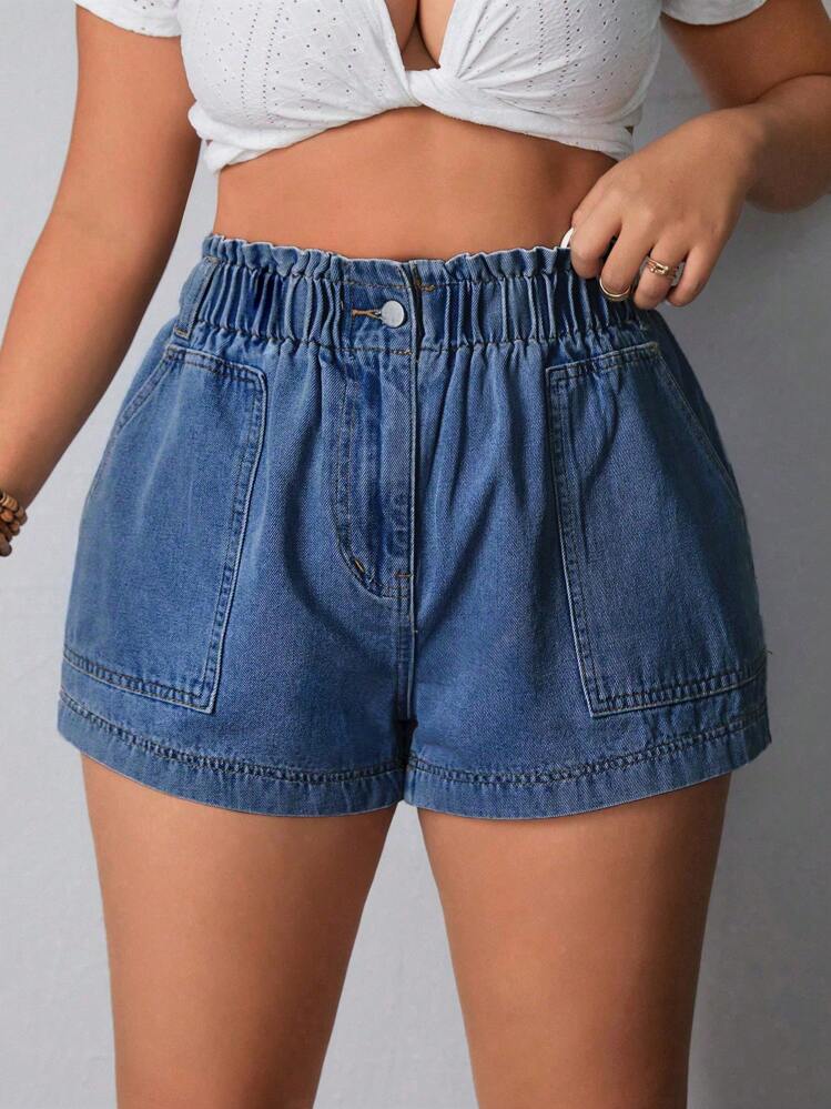SHEIN LUNE Pantaloni corti estivi casual in denim taglie forti - Blu lavato medio - Visualizzare 7