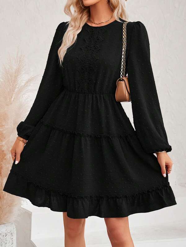 Women's Round Neck Long Sleeve Lace-Up Waist And Hemline Dress