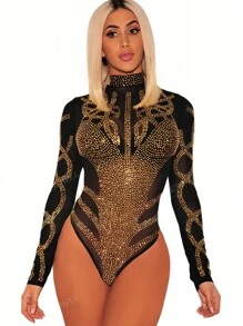 Golden Rhinestone Bodysuit Sexy Sheer Mesh Elegant Bodysuit Women Club Party
