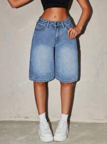 Manon Tanti Pantaloncini di jeans larghi e morbidi da donna con tasche, lunghezza al ginocchio