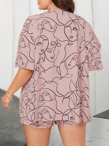 SHEIN Essnce Áo khoác kimono & quần short họa tiết Plus figure cho mùa hè - Hồng - Xem 2