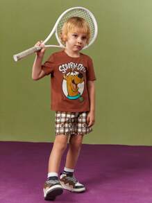 SCOOBY-DOO X SHEIN Young Boy Casual Cartoon Printed Brown Short Sleeve T-Shirt And Plaid Shorts, Summer - Brown - View 14