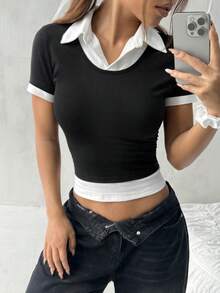 SHEIN EZwear T-shirt 2 en 1 mince pour femmes avec col rabattu et manches courtes en blocs de couleurs pour l'été - Noir et Blanc - Voir 5