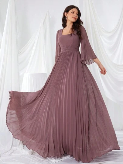 Square Neckline Long Sleeve A-Line Chiffon Formal Dress With Waist Pleating, Bowknot Design And Elegant, Graceful, Fluttering, Flowy, Swinging Hemline Prom Semi Formal Wedding Guest Dress, For Birthday, Graduation, Homecoming Party Dress