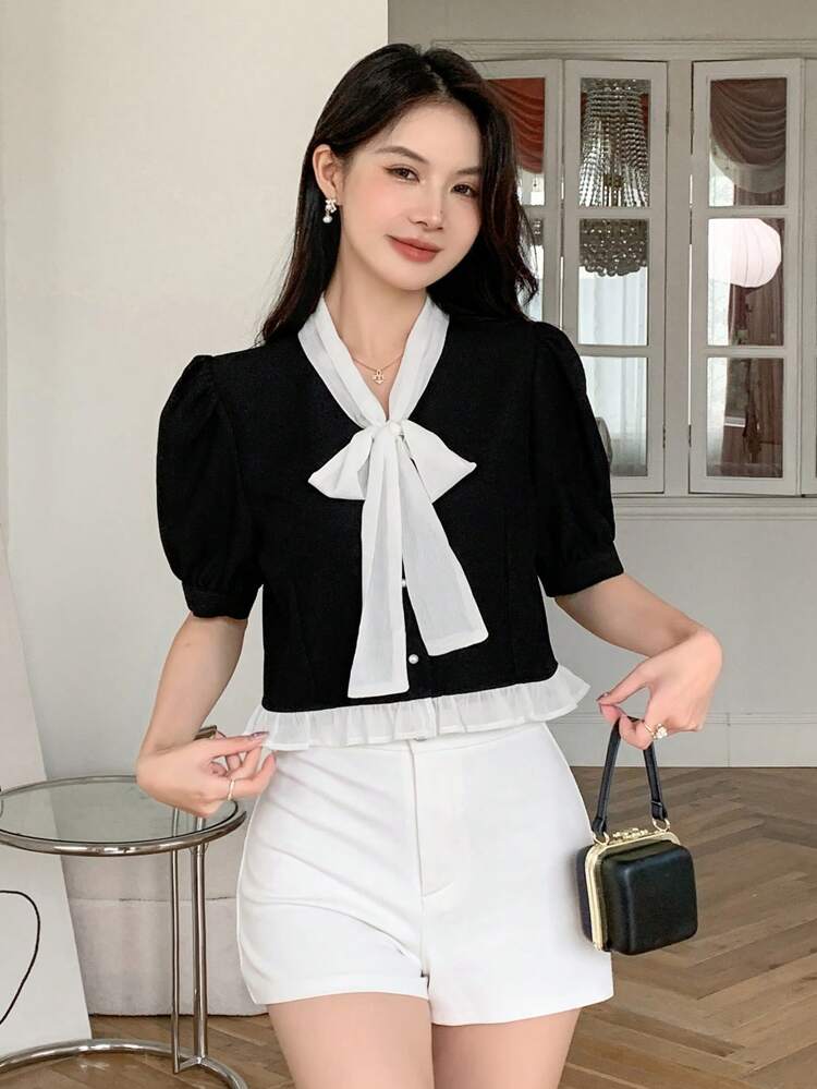 Women's Elegant Color Blocking Bowknot Tie Puff Sleeve Jacket For Summer