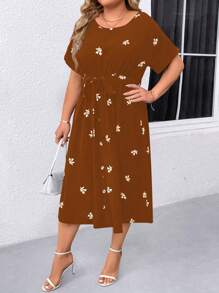 SHEIN LUNE Plus Floral Print Batwing Sleeve Belted Dress - Coffee Brown - View 3