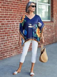 SHEIN LUNE Women Casual Elegant Summer Sundress Flowers Batwing Flowers V-Neck Batwing Sleeve Shirt - Multicolor - View 4