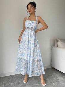 Chiquease Summer Elegant Charm Floral Printed Halter Backless Tie-Waist Dress