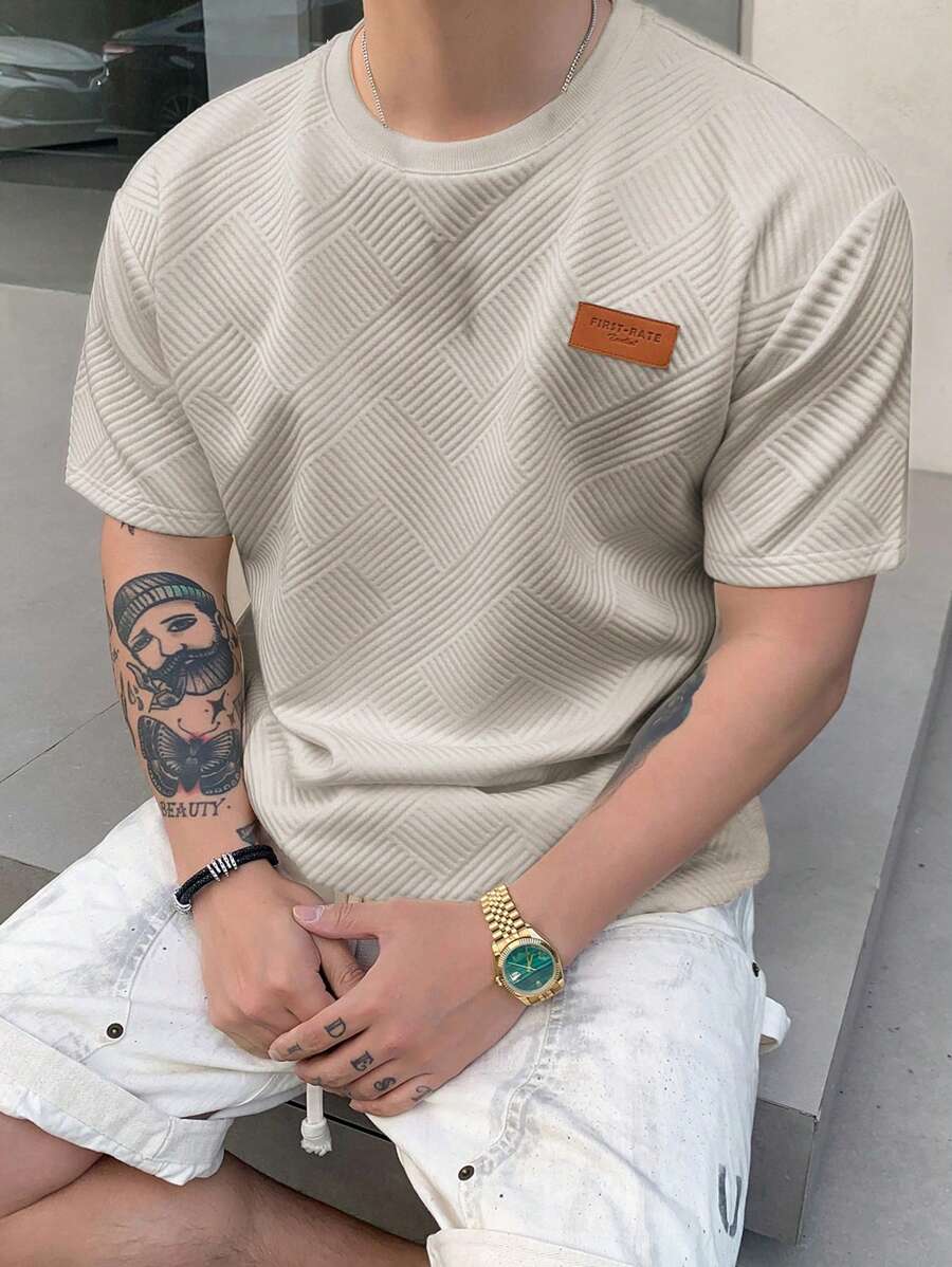 DAZY 男士夏季字母印花圓領短袖休閒T恤 - 卡其色 - 查看 1