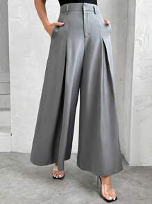 SHEIN Privé Pantalones de traje casuales plisados gris de alta gama para mujer - Gris - Ver 1